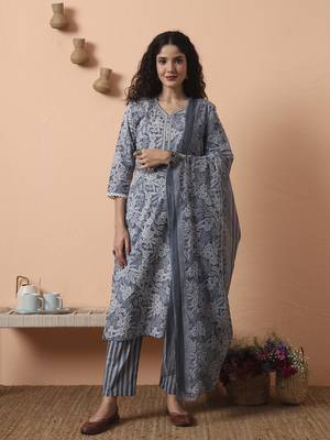 grey ethnic motifs pure cotton straight kurta pant set 1