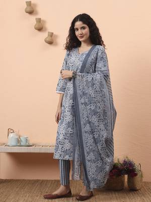 grey ethnic motifs pure cotton straight kurta pant set 2