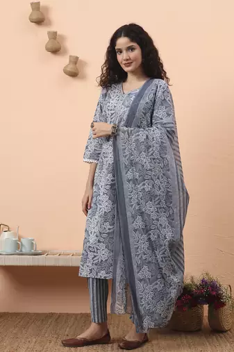 grey ethnic motifs pure cotton straight kurta pant set