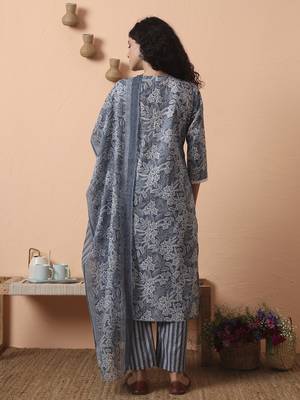 grey ethnic motifs pure cotton straight kurta pant set 3