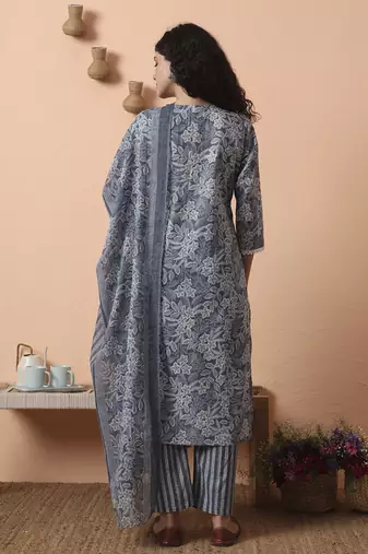 grey ethnic motifs pure cotton straight kurta pant set