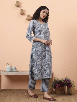 grey ethnic motifs pure cotton straight kurta pant set 5