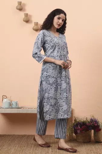 grey ethnic motifs pure cotton straight kurta pant set