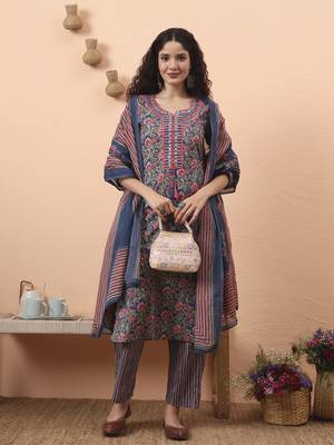 blue pure cotton mirror work kurta dupatta pant set 1
