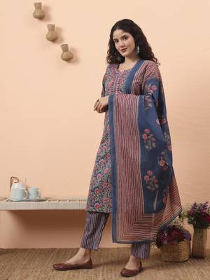 blue pure cotton mirror work kurta dupatta pant set 2