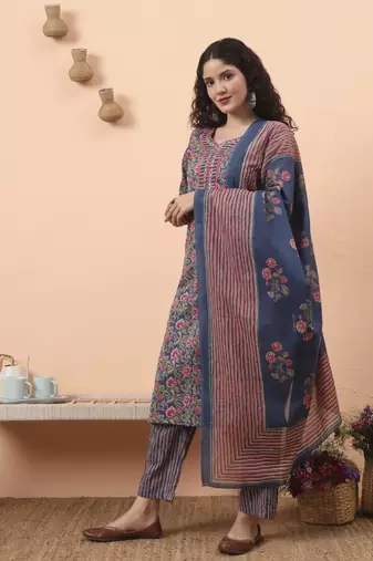 blue pure cotton mirror work kurta dupatta pant set