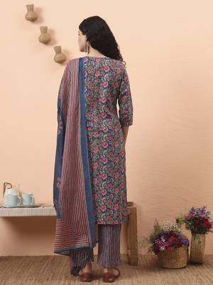 blue pure cotton mirror work kurta dupatta pant set 3