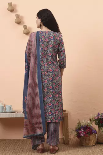 blue pure cotton mirror work kurta dupatta pant set