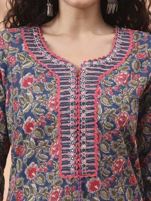 blue pure cotton mirror work kurta dupatta pant set 4