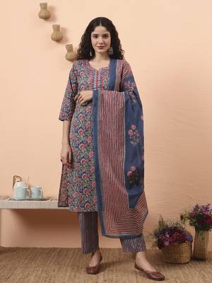 blue pure cotton mirror work kurta dupatta pant set 5