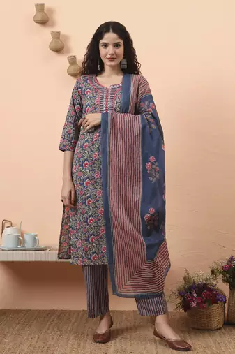 blue pure cotton mirror work kurta dupatta pant set