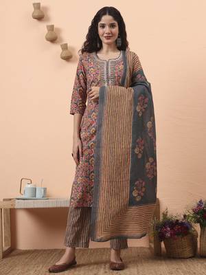 grey pure cotton mirror work kurta dupatta pant set 1