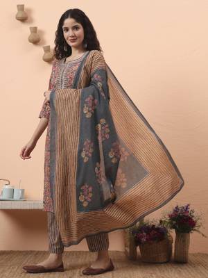 grey pure cotton mirror work kurta dupatta pant set 2