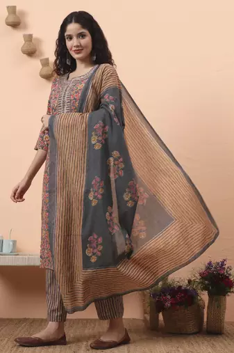 grey pure cotton mirror work kurta dupatta pant set
