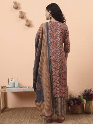 grey pure cotton mirror work kurta dupatta pant set 3