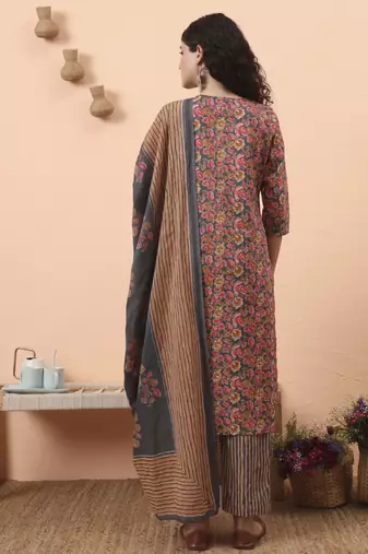 grey pure cotton mirror work kurta dupatta pant set