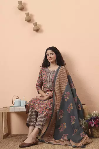 grey pure cotton mirror work kurta dupatta pant set