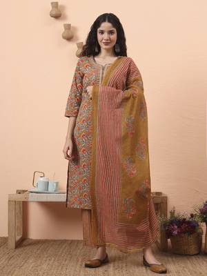 mustard pure cotton mirror work kurta dupatta pant set 1