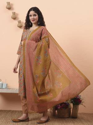 mustard pure cotton mirror work kurta dupatta pant set 2