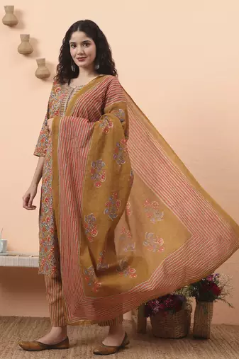 mustard pure cotton mirror work kurta dupatta pant set