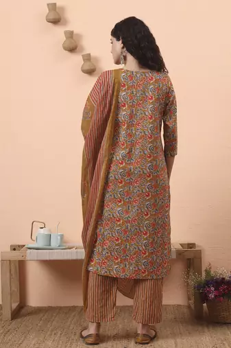 mustard pure cotton mirror work kurta dupatta pant set