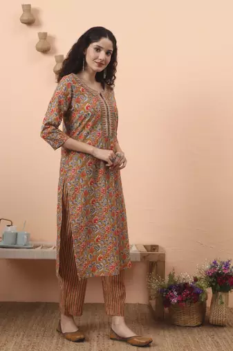 mustard pure cotton mirror work kurta dupatta pant set