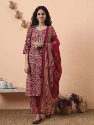 red pure cotton mirror work kurta dupatta pant set 1