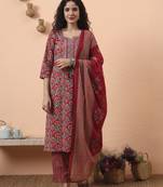 red pure cotton mirror work kurta dupatta pant set