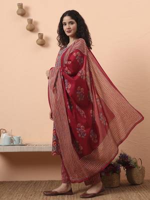 red pure cotton mirror work kurta dupatta pant set 2