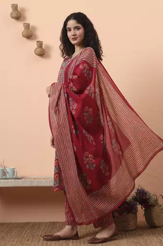 red pure cotton mirror work kurta dupatta pant set