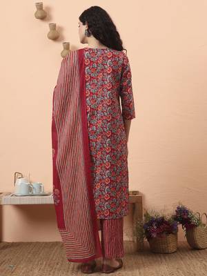 red pure cotton mirror work kurta dupatta pant set 3