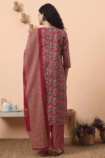 red pure cotton mirror work kurta dupatta pant set