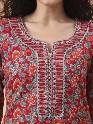 red pure cotton mirror work kurta dupatta pant set 4