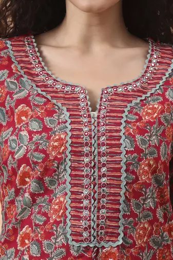 red pure cotton mirror work kurta dupatta pant set