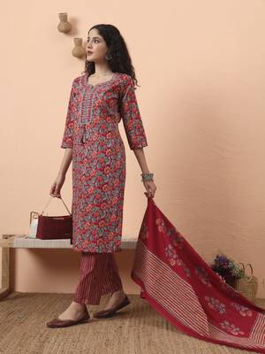 red pure cotton mirror work kurta dupatta pant set 5