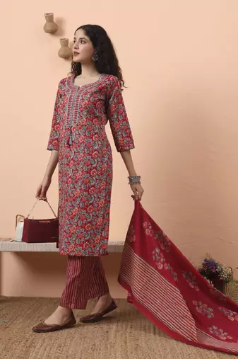red pure cotton mirror work kurta dupatta pant set