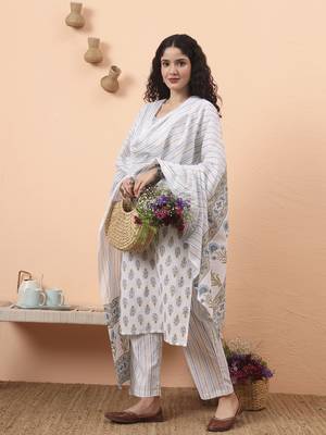 blue and white pure cotton kurta dupatta pant set 1