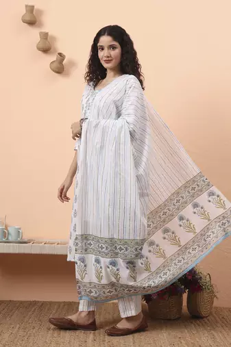 blue and white pure cotton kurta dupatta pant set