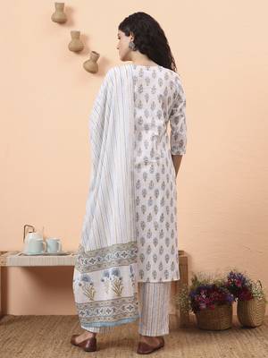 blue and white pure cotton kurta dupatta pant set 3