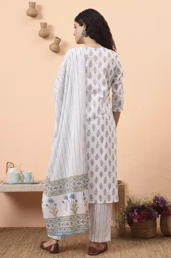 blue and white pure cotton kurta dupatta pant set