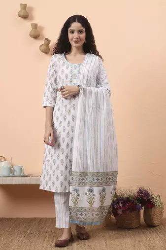 blue and white pure cotton kurta dupatta pant set