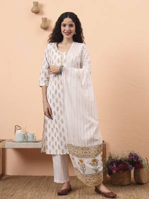 yellow and white pure cotton kurta dupatta pant set 1