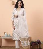 yellow and white pure cotton kurta dupatta pant set