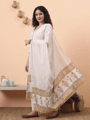yellow and white pure cotton kurta dupatta pant set 2