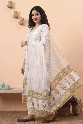 yellow and white pure cotton kurta dupatta pant set