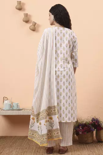 yellow and white pure cotton kurta dupatta pant set