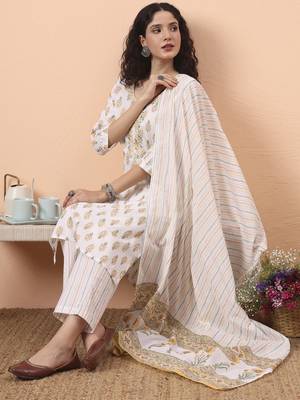 yellow and white pure cotton kurta dupatta pant set 5