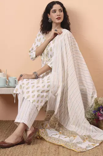 yellow and white pure cotton kurta dupatta pant set