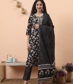 black pure cotton thared work kurta dupatta pant set