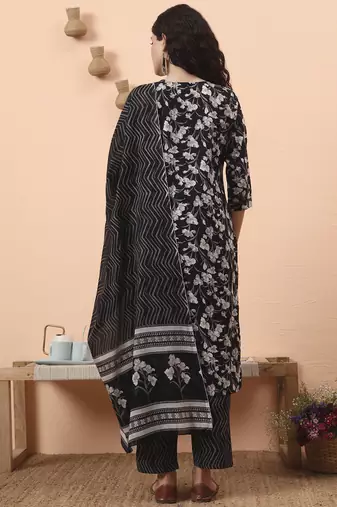 black pure cotton thared work kurta dupatta pant set